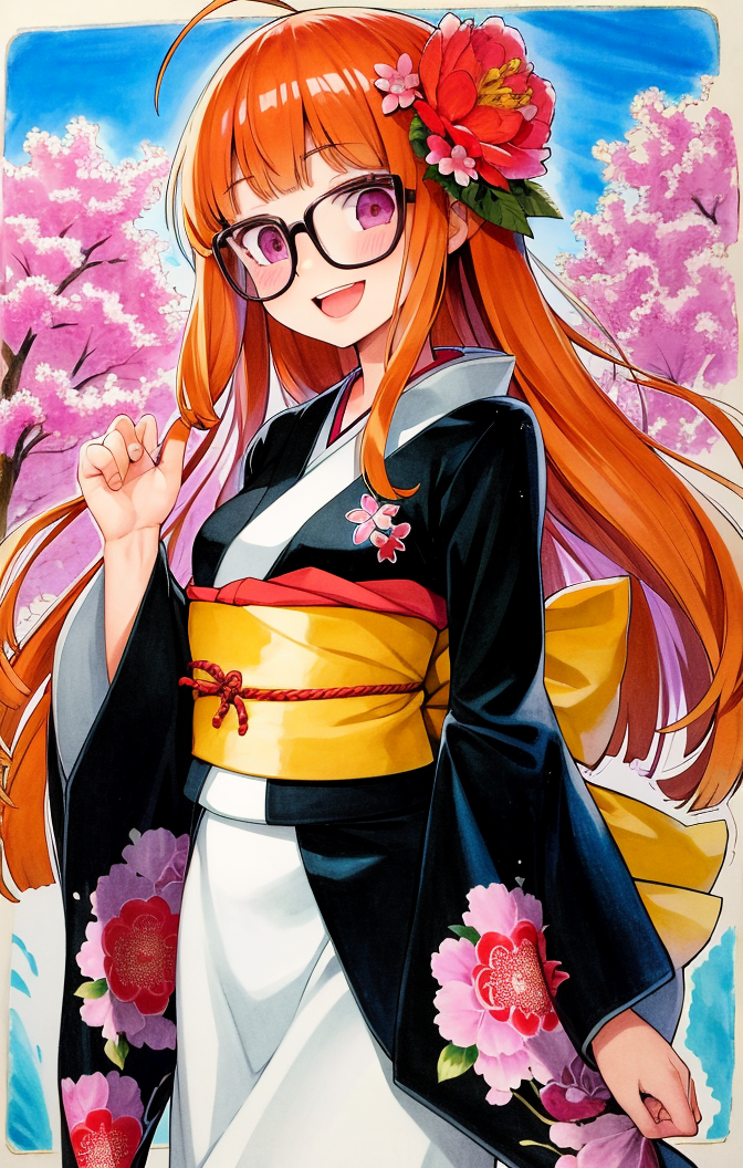 53108-55534304-best quality, traditional media, outdoors, colorful flowers, futaba sakura [persona], 1girl, kimono with sash, hair flower, happ.png